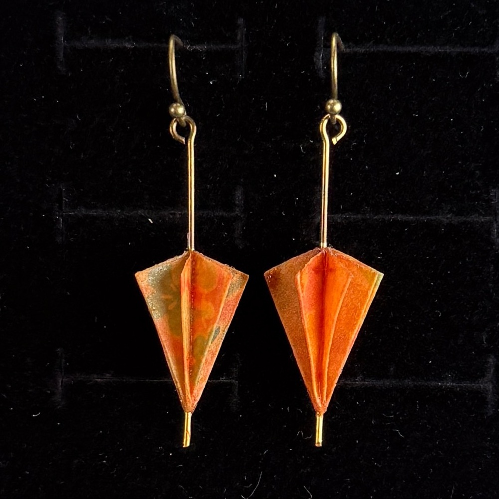 Vintage Origami Brown Orange bohemian chic pierced Earrings - Picture 5 of 7
